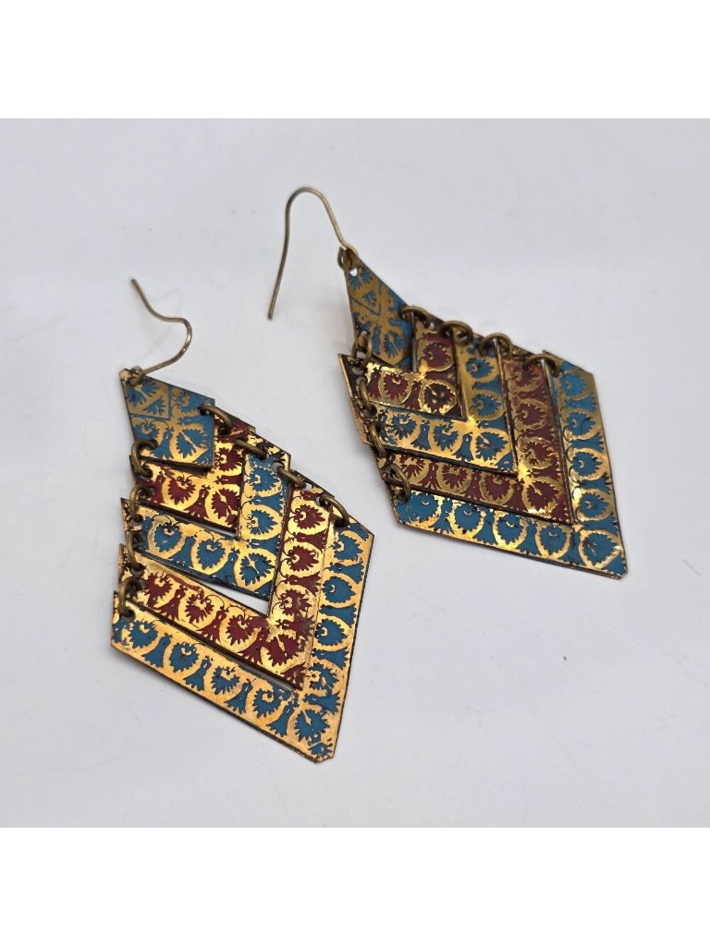 Zad Multi-Layer Boho Chevron Dangle Earrings Gold Red Blue Handmade India 3"